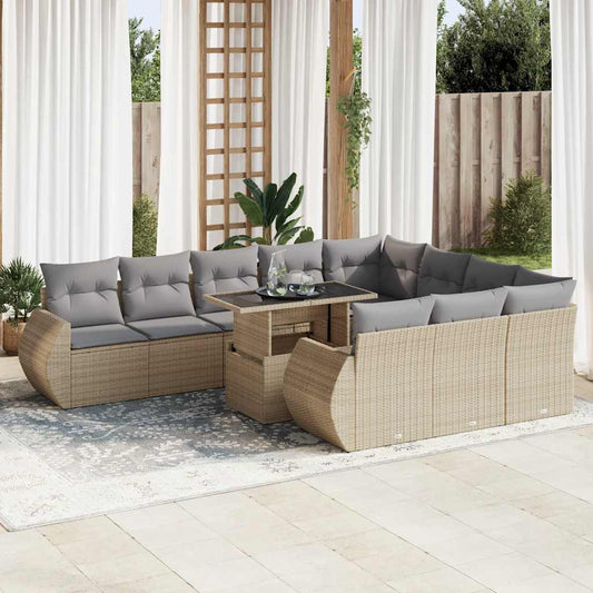 11-tlg. Garten-Sofagarnitur mit Kissen Beige Poly Rattan