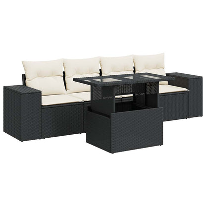 5-tlg. Garten-Sofagarnitur mit Kissen Schwarz Poly Rattan