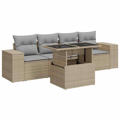 5-tlg. Garten-Sofagarnitur mit Kissen Beige Poly Rattan