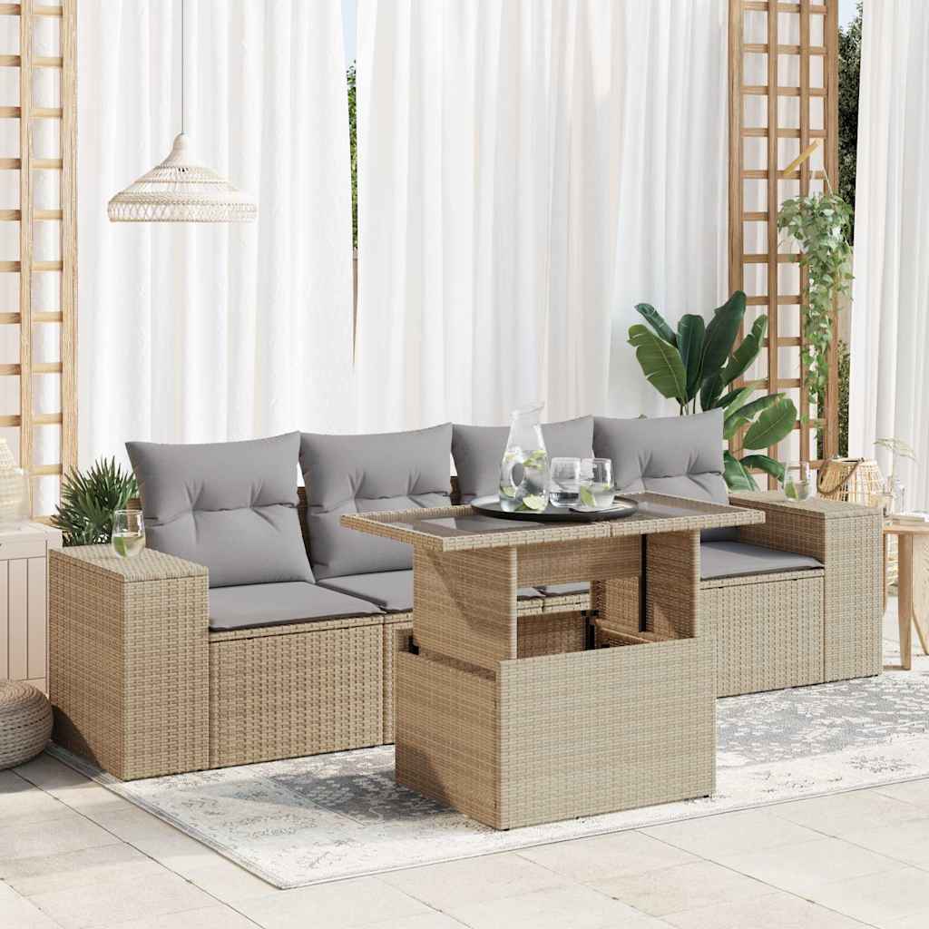 5-tlg. Garten-Sofagarnitur mit Kissen Beige Poly Rattan