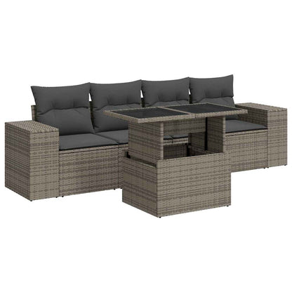 5-tlg. Garten-Sofagarnitur mit Kissen Grau Poly Rattan