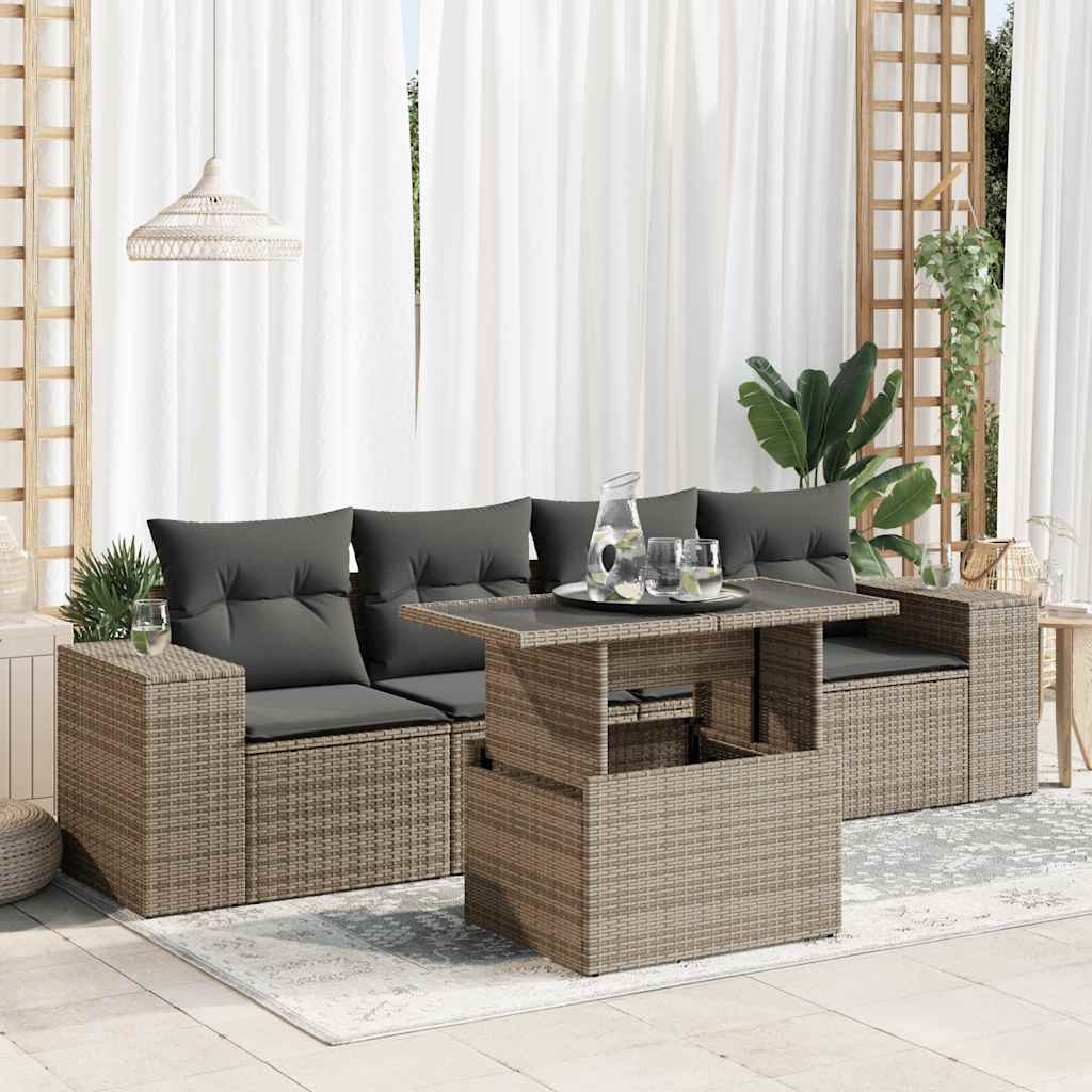 5-tlg. Garten-Sofagarnitur mit Kissen Grau Poly Rattan