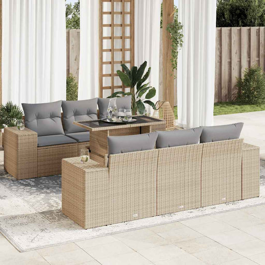 7-tlg. Garten-Sofagarnitur mit Kissen Beige Poly Rattan