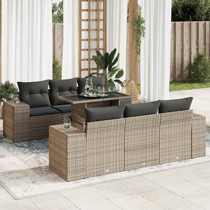 7-tlg. Garten-Sofagarnitur mit Kissen Grau Poly Rattan