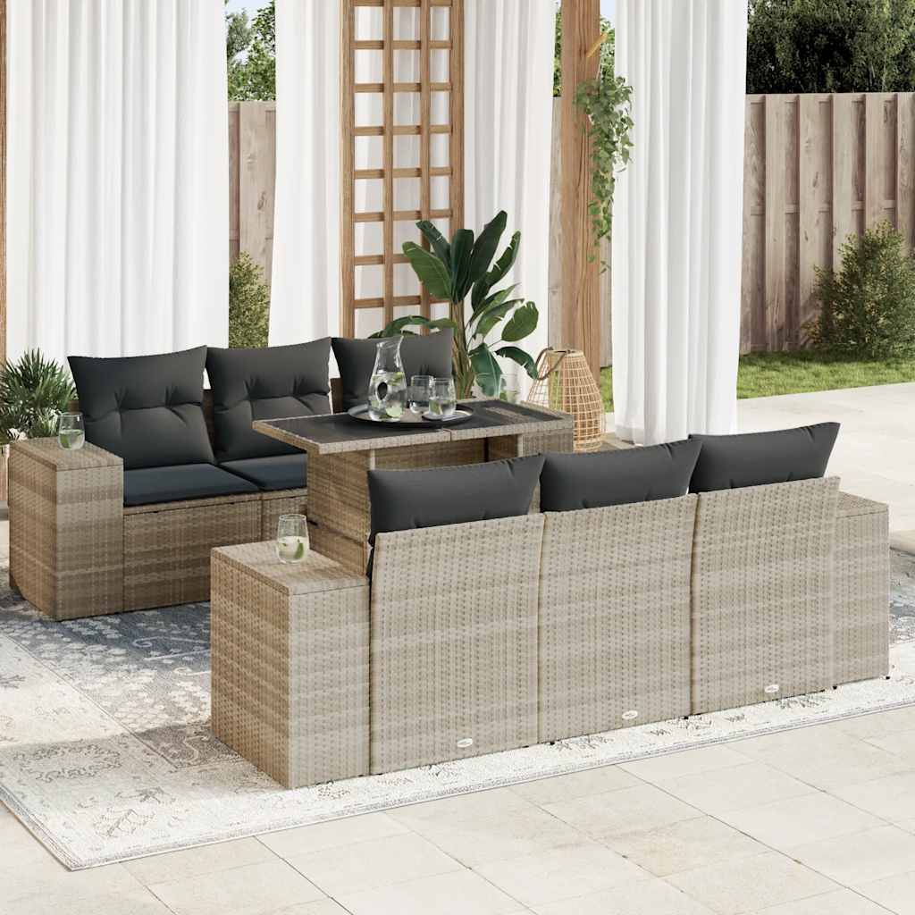 7-tlg. Garten-Sofagarnitur mit Kissen Hellgrau Poly Rattan