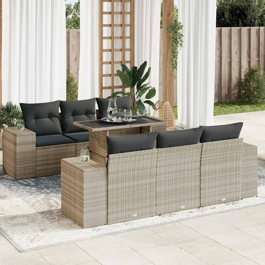 7-tlg. Garten-Sofagarnitur mit Kissen Hellgrau Poly Rattan