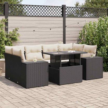 7-tlg. Garten-Sofagarnitur mit Kissen Schwarz Poly Rattan