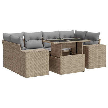 7-tlg. Garten-Sofagarnitur mit Kissen Beige Poly Rattan