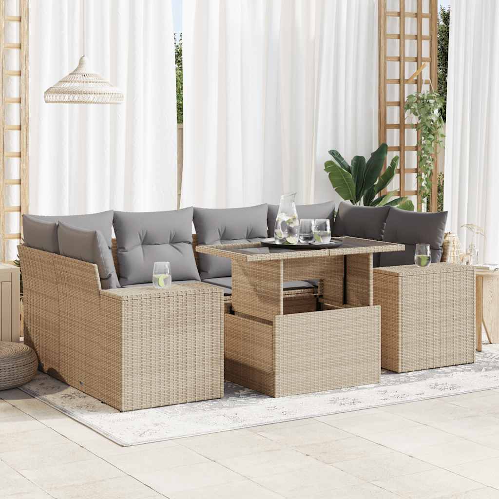 7-tlg. Garten-Sofagarnitur mit Kissen Beige Poly Rattan