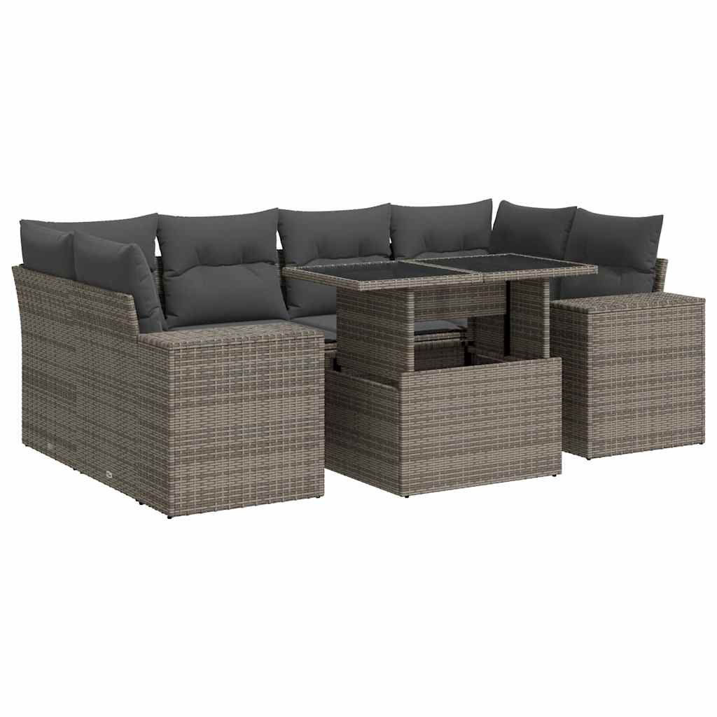 7-tlg. Garten-Sofagarnitur mit Kissen Grau Poly Rattan