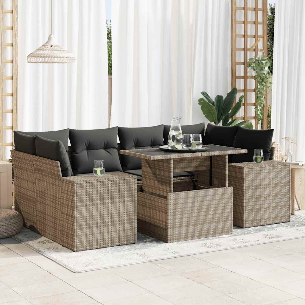 7-tlg. Garten-Sofagarnitur mit Kissen Grau Poly Rattan