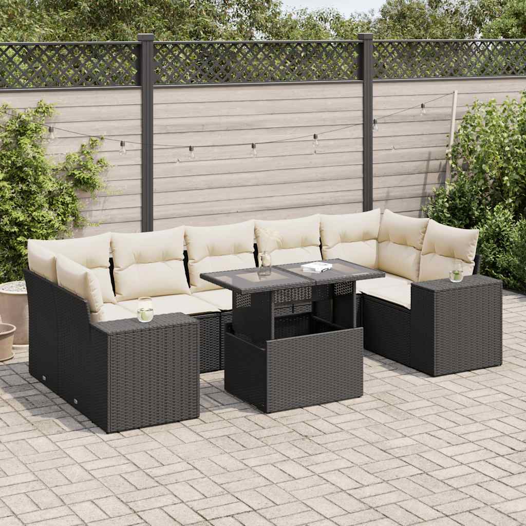 8-tlg. Garten-Sofagarnitur mit Kissen Schwarz Poly Rattan