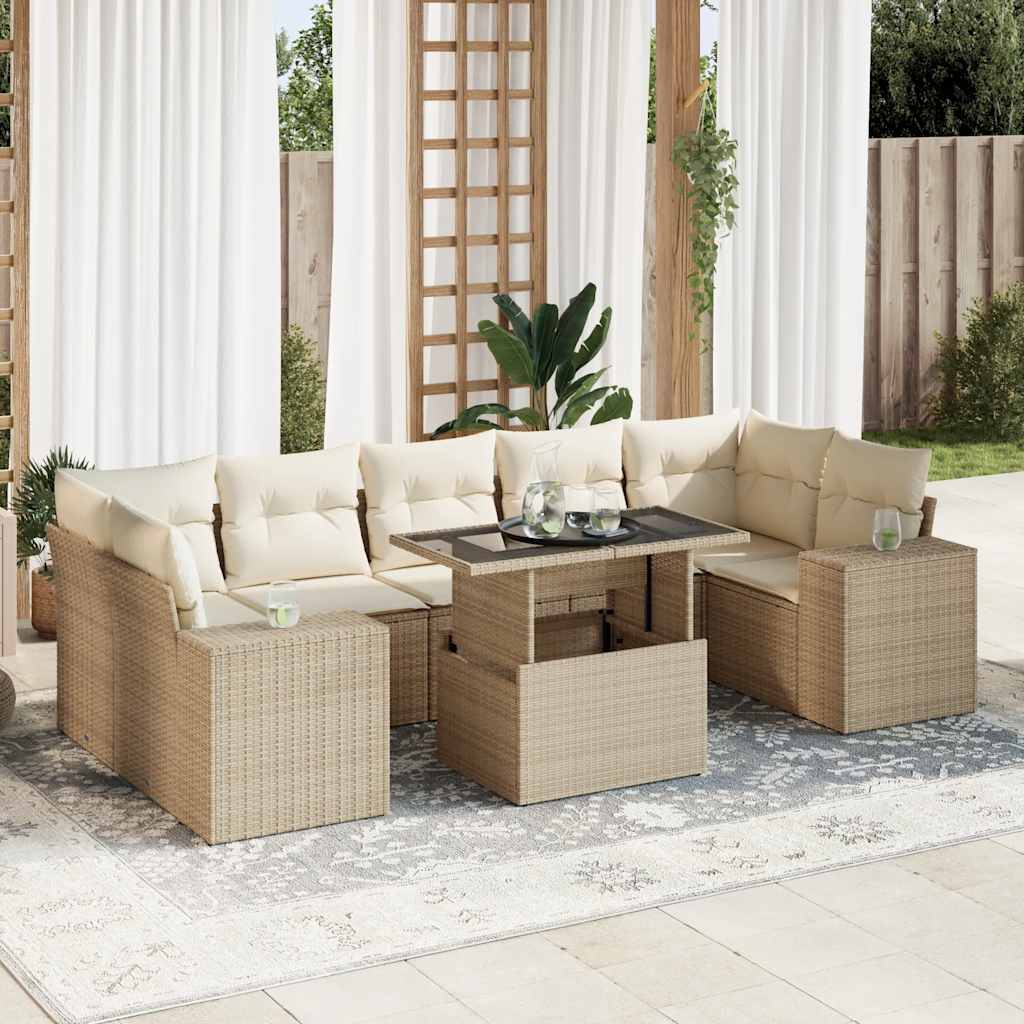 8-tlg. Garten-Sofagarnitur mit Kissen Beige Poly Rattan