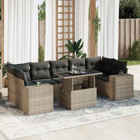 8-tlg. Garten-Sofagarnitur mit Kissen Grau Poly Rattan