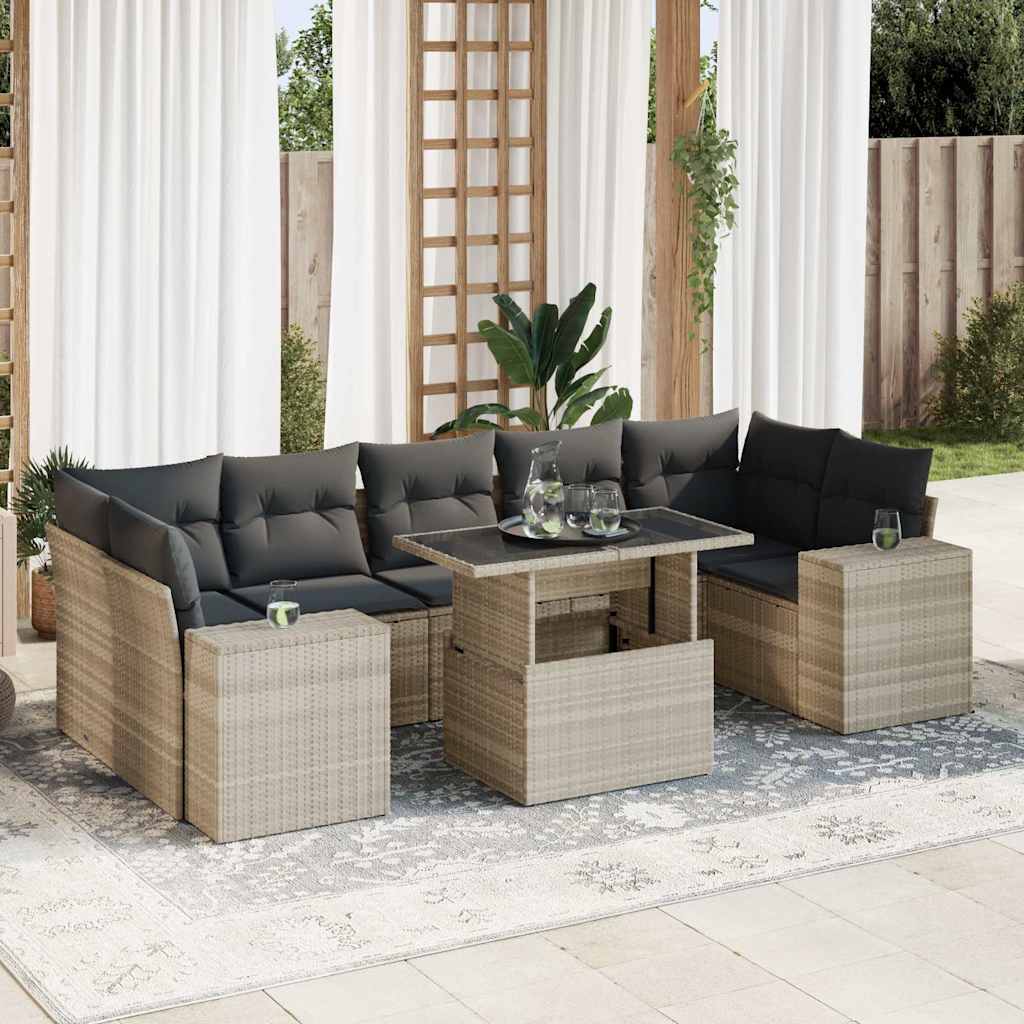 8-tlg. Garten-Sofagarnitur mit Kissen Hellgrau Poly Rattan