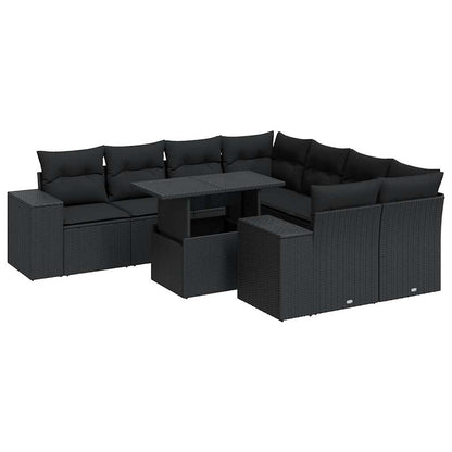 9-tlg. Garten-Sofagarnitur mit Kissen Schwarz Poly Rattan