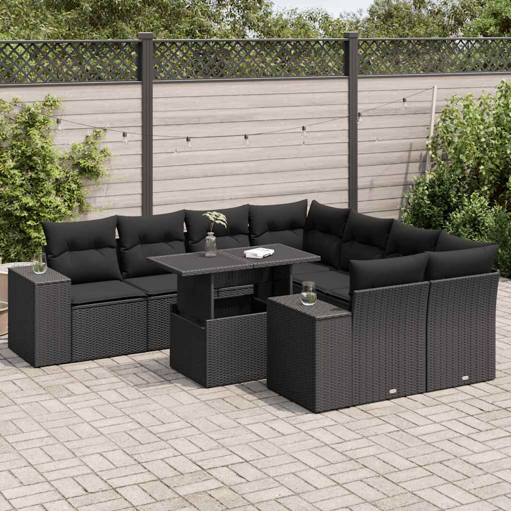 9-tlg. Garten-Sofagarnitur mit Kissen Schwarz Poly Rattan