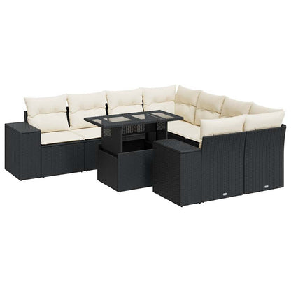 9-tlg. Garten-Sofagarnitur mit Kissen Schwarz Poly Rattan