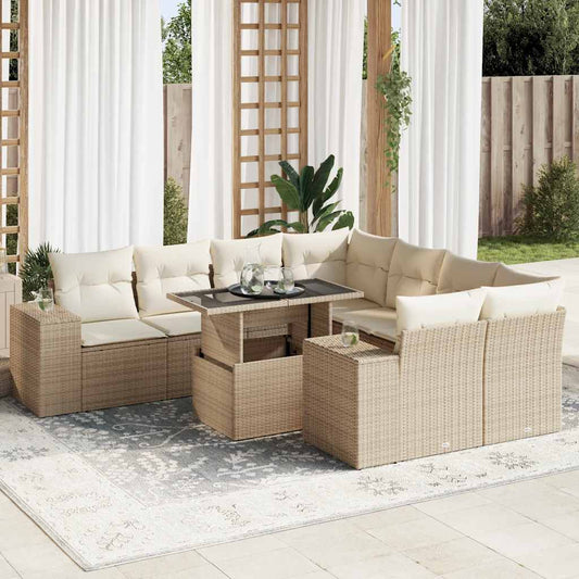 9-tlg. Garten-Sofagarnitur mit Kissen Beige Poly Rattan