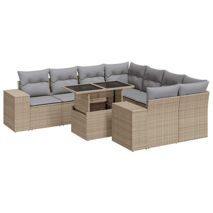 9-tlg. Garten-Sofagarnitur mit Kissen Beige Poly Rattan