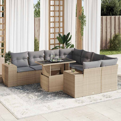 9-tlg. Garten-Sofagarnitur mit Kissen Beige Poly Rattan