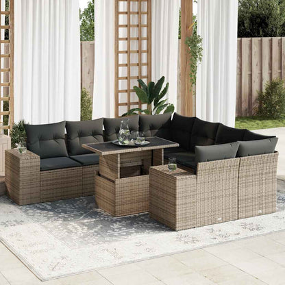 9-tlg. Garten-Sofagarnitur mit Kissen Grau Poly Rattan