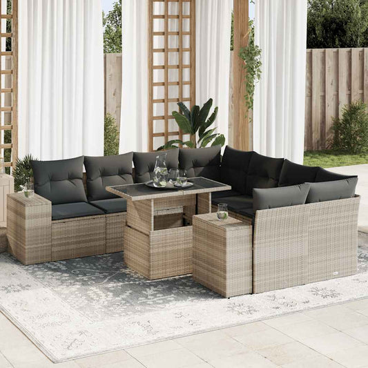 9-tlg. Garten-Sofagarnitur mit Kissen Hellgrau Poly Rattan