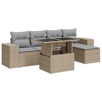 6-tlg. Garten-Sofagarnitur mit Kissen Beige Poly Rattan