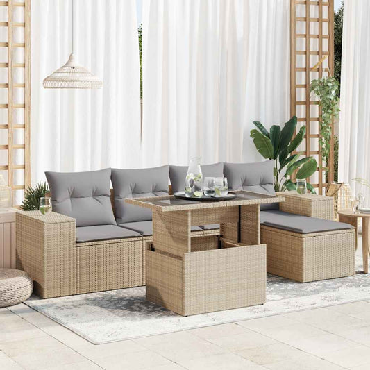 6-tlg. Garten-Sofagarnitur mit Kissen Beige Poly Rattan