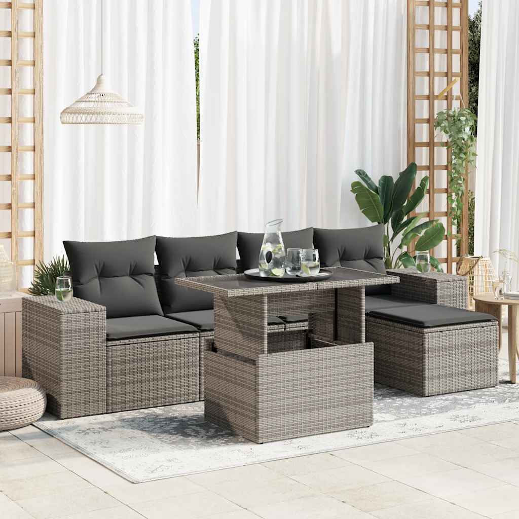 6-tlg. Garten-Sofagarnitur mit Kissen Grau Poly Rattan