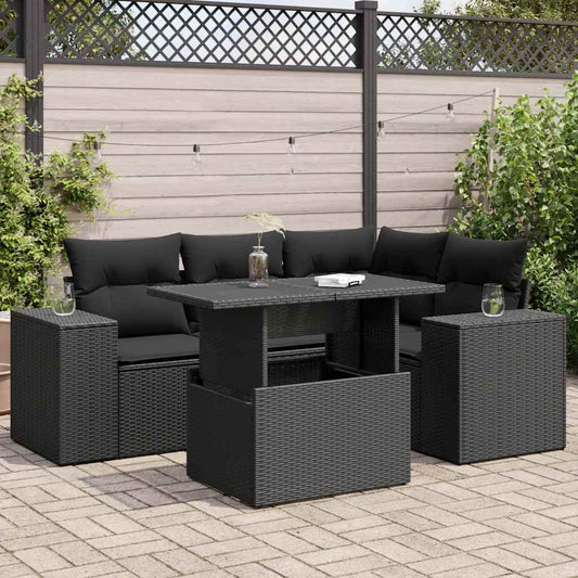 5-tlg. Garten-Sofagarnitur mit Kissen Schwarz Poly Rattan