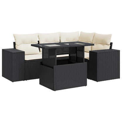 5-tlg. Garten-Sofagarnitur mit Kissen Schwarz Poly Rattan