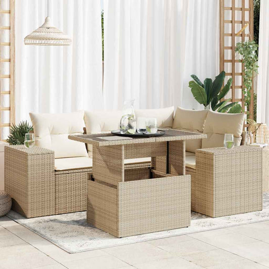 5-tlg. Garten-Sofagarnitur mit Kissen Beige Poly Rattan