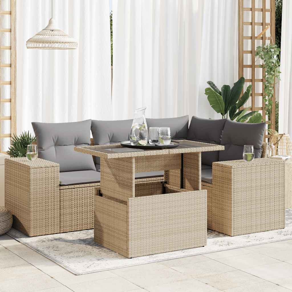 5-tlg. Garten-Sofagarnitur mit Kissen Beige Poly Rattan