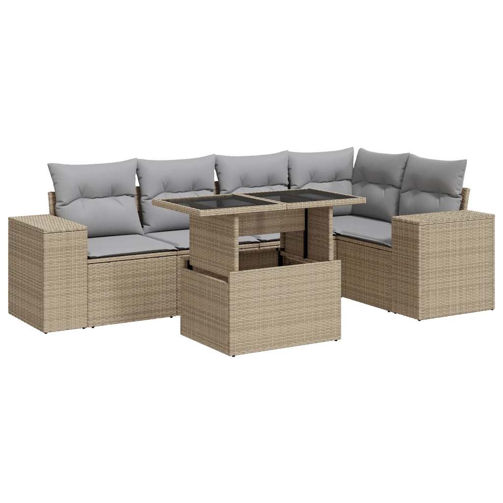 6-tlg. Garten-Sofagarnitur mit Kissen Beige Poly Rattan