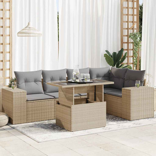 6-tlg. Garten-Sofagarnitur mit Kissen Beige Poly Rattan