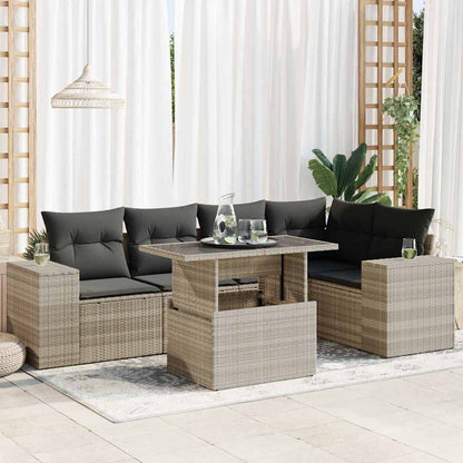 6-tlg. Garten-Sofagarnitur mit Kissen Hellgrau Poly Rattan