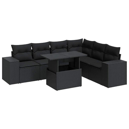 7-tlg. Garten-Sofagarnitur mit Kissen Schwarz Poly Rattan