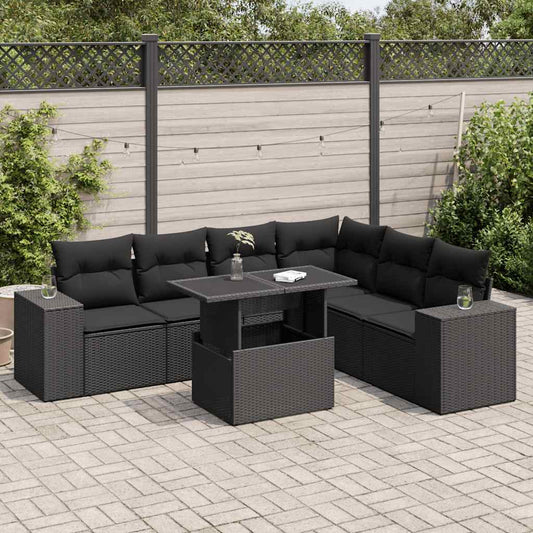 7-tlg. Garten-Sofagarnitur mit Kissen Schwarz Poly Rattan