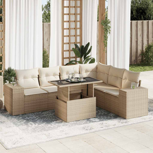 7-tlg. Garten-Sofagarnitur mit Kissen Beige Poly Rattan