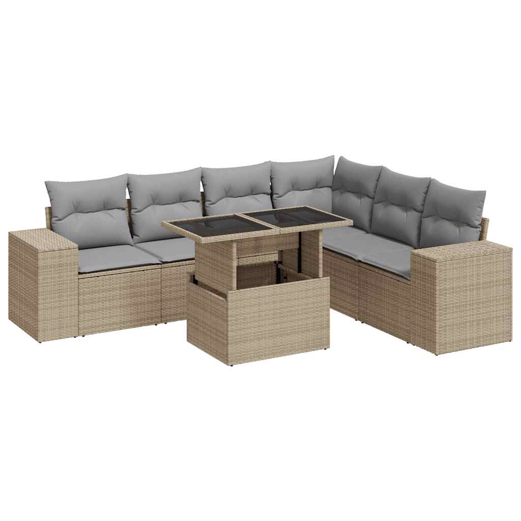 7-tlg. Garten-Sofagarnitur mit Kissen Beige Poly Rattan