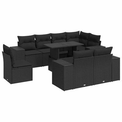 9-tlg. Garten-Sofagarnitur mit Kissen Schwarz Poly Rattan