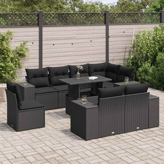 9-tlg. Garten-Sofagarnitur mit Kissen Schwarz Poly Rattan