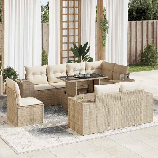 9-tlg. Garten-Sofagarnitur mit Kissen Beige Poly Rattan