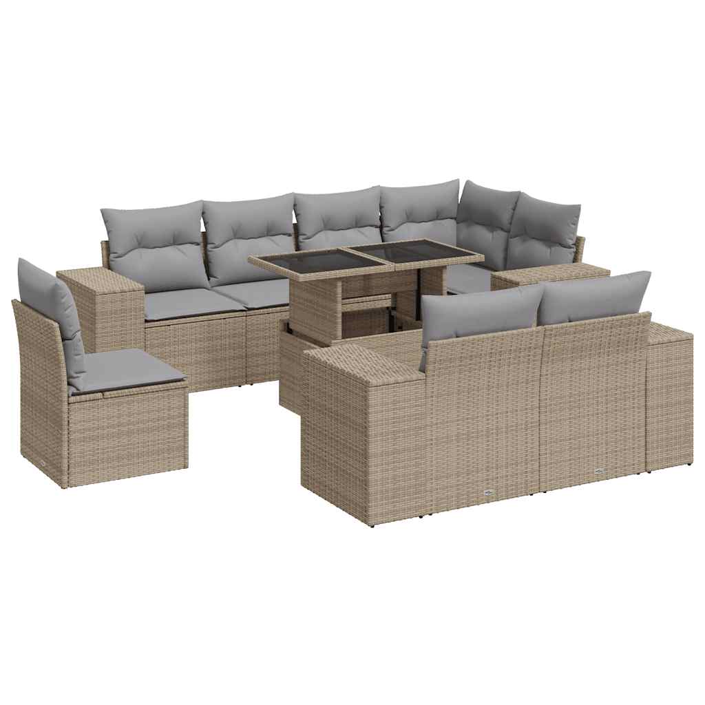 9-tlg. Garten-Sofagarnitur mit Kissen Beige Poly Rattan