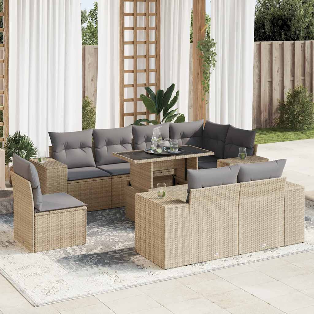 9-tlg. Garten-Sofagarnitur mit Kissen Beige Poly Rattan