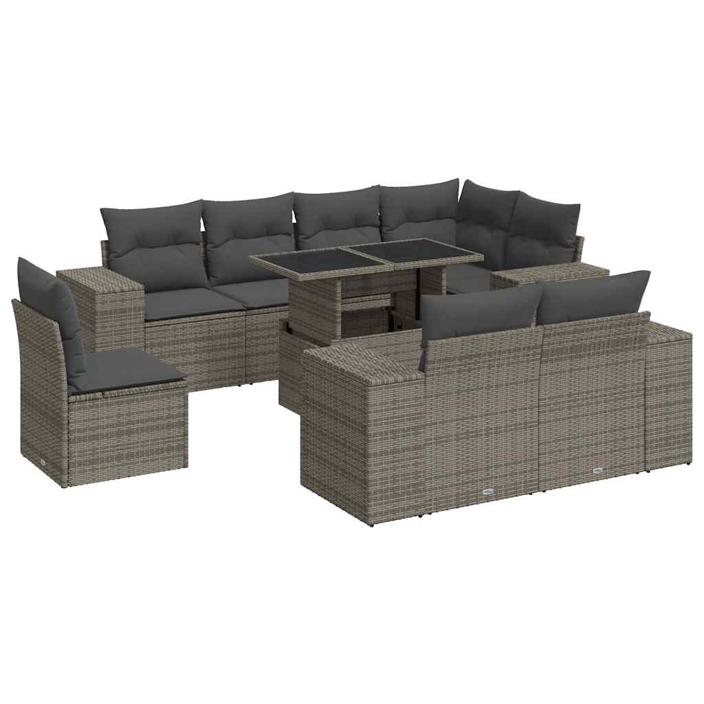 9-tlg. Garten-Sofagarnitur mit Kissen Grau Poly Rattan