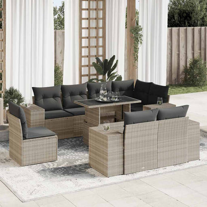 9-tlg. Garten-Sofagarnitur mit Kissen Hellgrau Poly Rattan