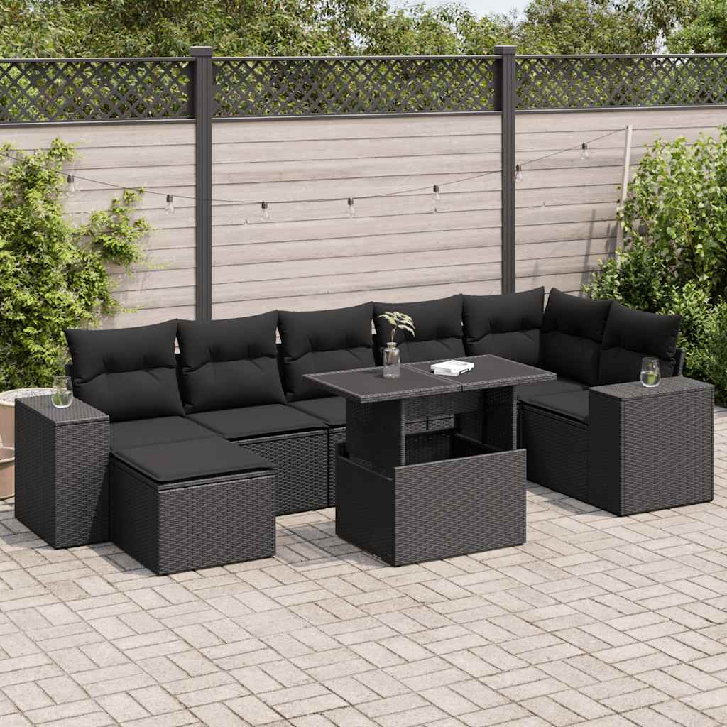 8-tlg. Garten-Sofagarnitur mit Kissen Schwarz Poly Rattan