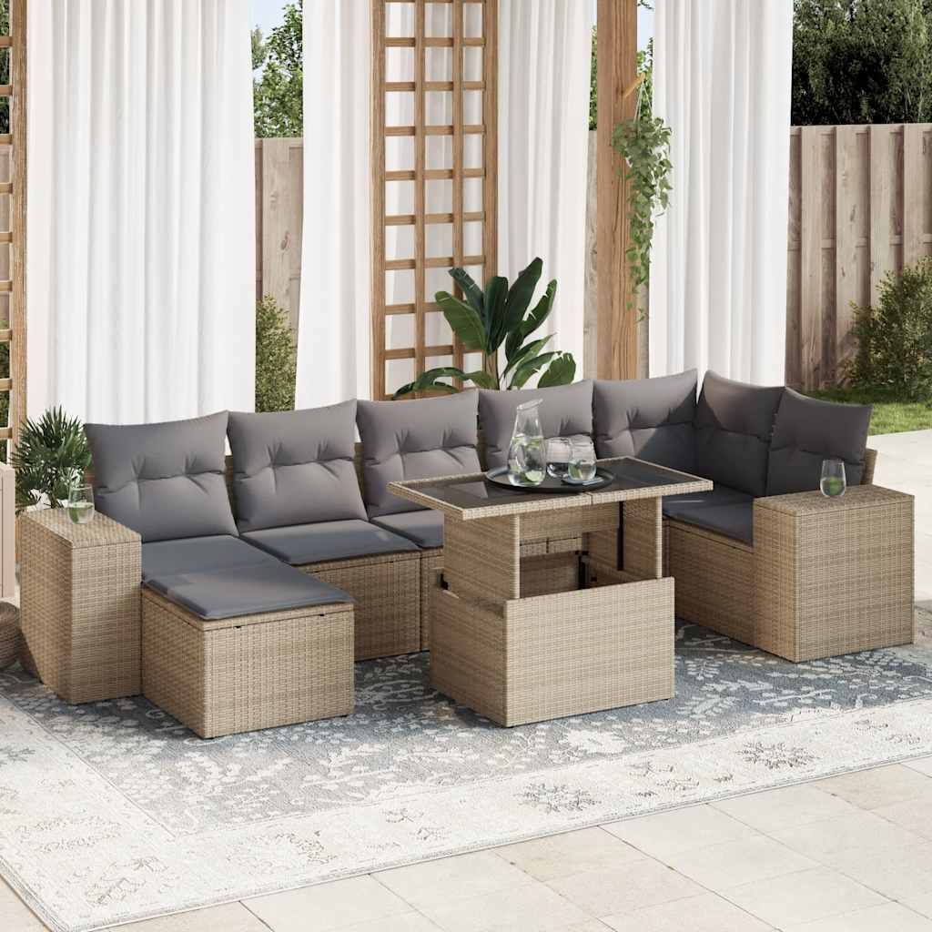 8-tlg. Garten-Sofagarnitur mit Kissen Beige Poly Rattan